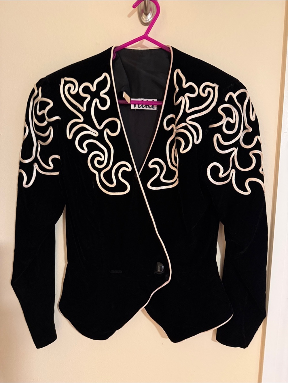 Black Velvet Embroidered Blazer Jacket with White Piping - Niki
